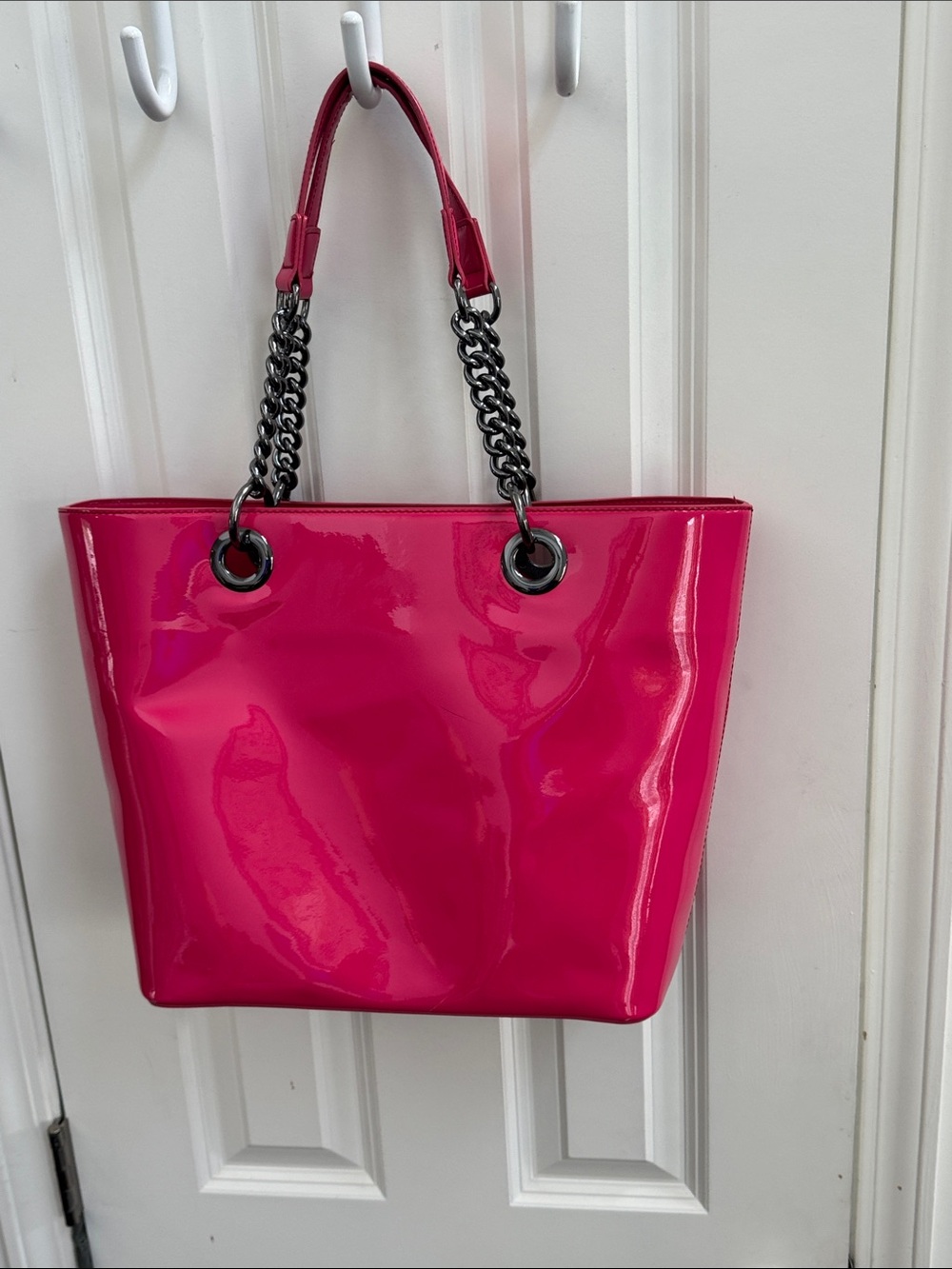 DKNY High Gloss Patent Tote in Hot Pink with Gunmetal Chain Straps